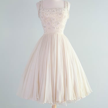 Heavenly 1950's Beaded Silk Chiffon Party Dress By Harvey Berin / XS