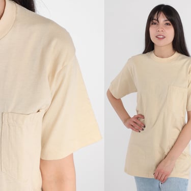 Cream Pocket Tee 80s T-Shirt Plain TShirt Basic Top Retro Beige Tan Neutral Earth Tone Single Stitch Vintage 1980s Mens Medium M 