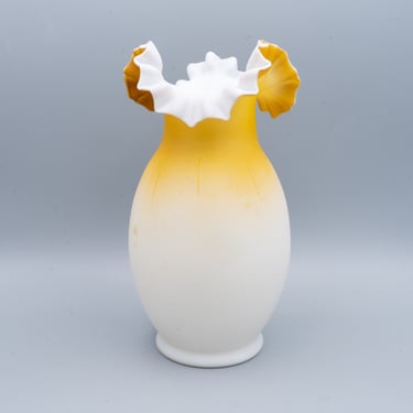 Butterscotch Ombre to White Satin Glass Ruffled Vase | Antique Victorian Era Art Glass | Cased Milk Glass 
