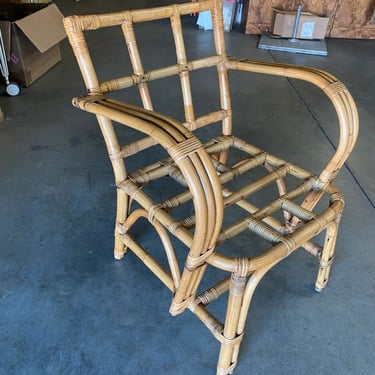 Midcentury Swoop Triple Pole Arm Rattan Armchair with Tic-Tac-Toe Back 