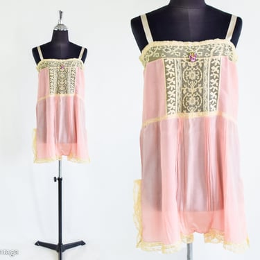 1920s Pink Silk Romper Lingerie | 20s Pink Silk Crepe Lingerie | Pink Silk Romper | Gartiere | X Small 