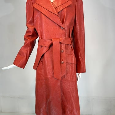 SOLD Chanel 2004P  Brick Red Glazed Leather Belted Coat With Enamel Buttons 44