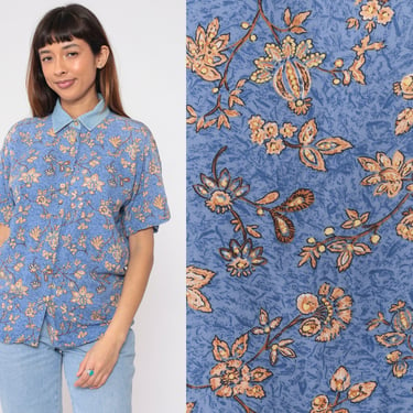 Blue Floral Blouse 90s Button up Shirt Denim Collar Indian Flower Print Top Short Sleeve Collared Boho Summer Retro Vintage 1990s Small S 