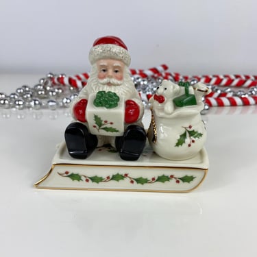 Lenox China Santa and Sleigh Salt & Pepper Shaker Set of 3, Lenox Christmas Table Setting, Lenox Holiday Santa Sleigh Toy Bag Teddy Bear 