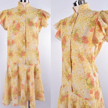 1930's Yellow Floral Day Dress Vintage Antique ruffle sleeves Art Deco Depression era style 1920's Voile Cotton Flapper 1940's 