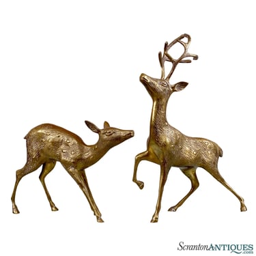 Vintage Large Traditional Brass Deer Stag Sculptures - A Pair