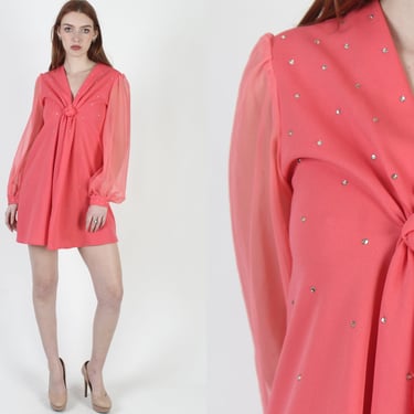 70s Mod Disco Sheer Sleeve Dress / Coral Color Disco Party Outfit /  Solid Single Color Rhinestone Beaded Mini Dress 