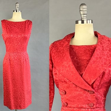 1950s Jerry Gilden Dress / 1950s Deep Coral Jacquared Dress Set / Wiggle Dress / 1950s Dress Set / Dress and Jacket / Size Small 