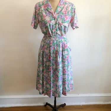 Multicolored Floral Print Matching Blouse and Skirt Set - 1980s 