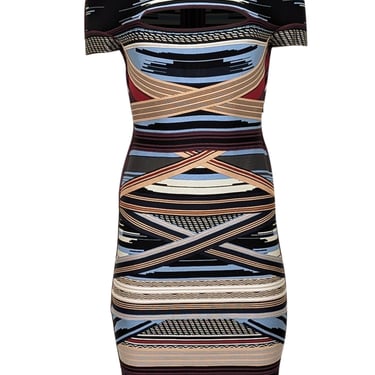 Herve Leger - Black w/ Multicolor Striped Peekaboo Bandage Dress Sz L