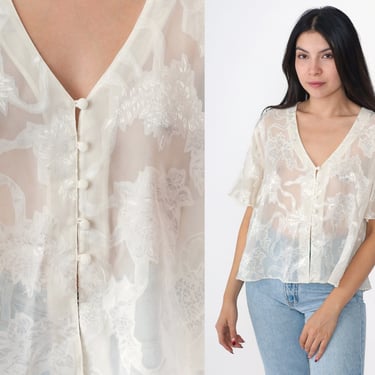 Victoria's Secret Pajama Top 90s Sheer White Burnout Embossed Floral Lingerie Pajama Shirt Button Up Sleep Top Vintage 1990s V Neck Medium 