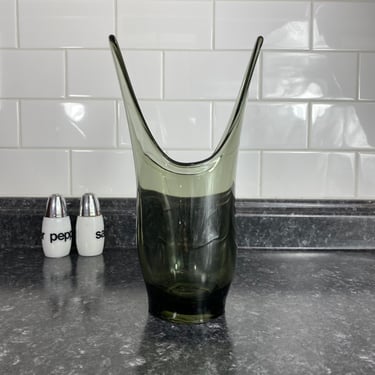 Vintage MCM Swung Glass Split Vase, Charcoal Glass Vase, Smoke Colored Vintage Glass Vase, Two Long Finger Vase, Viking Glass Style Vase 