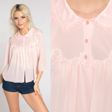 Pink Lingerie Shirt 70s Pajama Top Peter Pan Collar Pastel Nylon Lace Button Up Sleep Shirt Lounge Top Short Sleeve Vintage 1970s Medium 