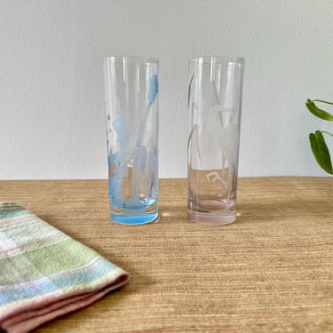 Vintage Pink and Blue Etched Clear Glass Cylinder Vases - Man with Top Hat and Elephant, Egret & Wheatgrass 