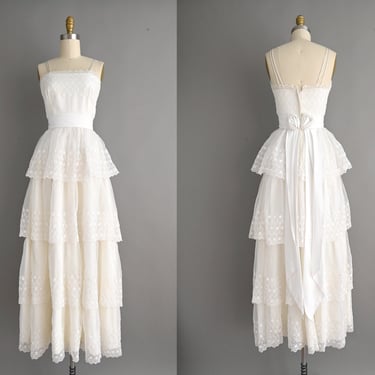 vintage 1970s Dress | Gorgeous Tier Floral Eyelet Chiffon Full Length Gown Dress | XS 