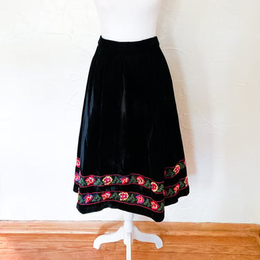 40s/50s Black Silk Velvet A-Line Skirt with Embroidered Floral Ribbon | Medium/ 29" 30" Waist 