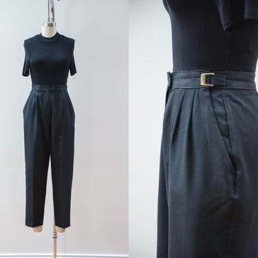 high waisted pants | 80s 90s vintage black buckle dark academia pleated ankle length trousers 