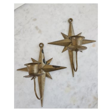 Pair of Vintage Brass Abstract Modernist Star Shaped Candle Wall Sconces Nautical New England Ranch British Christmas Sconces Aged Raw Brass 