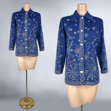 VINTAGE 60s 70s Psychedelic Screen Print Collared Shirt M/L | 1970s Disco Printed Blue Blouse | Polyester Tunic Top | VFG 