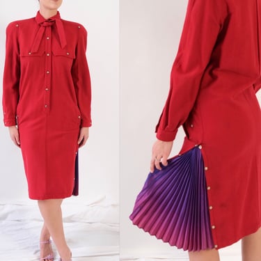 Vintage 80s Thierry Mugler Crimson Wool Shift Dress w/ Silver Snaps & Violet Pleated Vent | Made in France | 1980s MUGLER Designer Dress 