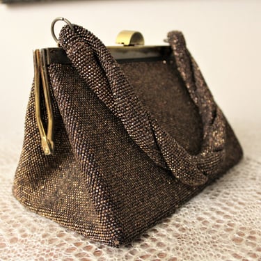 Vintage 1930's 40's Copper Fully Seed Beaded Brass Metal Hinge Handbag Purse Evening Art Deco // Fre-mor 