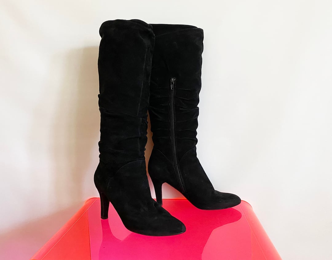 Vintage 80s 90s High Heel Scrunch Boots Black Suede Leather Ellie May Hems Atlanta GA