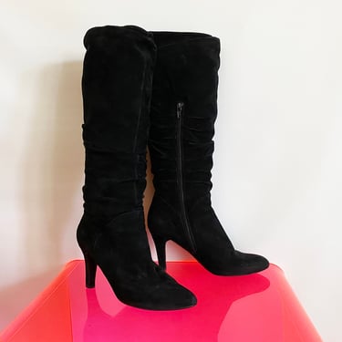Vintage 80s 90s High Heel Scrunch Boots • Black Suede Leather Sexy Stiletto Slouch Boots • Punk New Wave Madonna Rocker • Size 7 Seven 