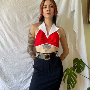 1970s Reversible Halter Top / Red and White / Navy and White Nautical Summer Shirt / Crop Top / Backless / Sun Top / Seventies Festival 