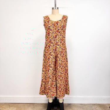 Vintage Floral Jumpsuit with Wide Legs | 1970s Sleeveless Handmade | Size Small 