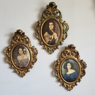 1950s Mini Framed Satin Wall Hangings with Classic Paintings of Beautiful Women - Vintage Home Decor - Vintage Wall Art - Rococo Style 