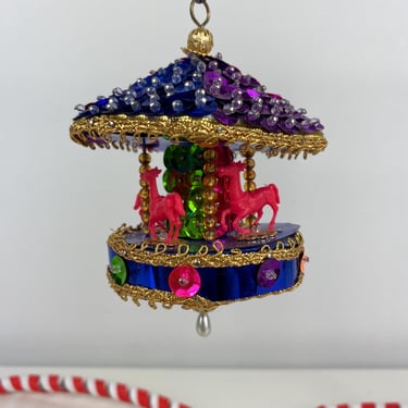 Vintage Bead & Sequin Push Pin Carousel Ornament, Merry Go Round Christmas Ornament, Pink Horses, Sequins, Beads, Pearls, Colorful Handmade 