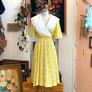 vintage 80's yellow / white polka dot dress 