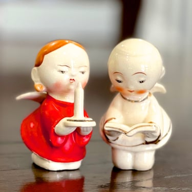 VINTAGE: 1950s - Pair os Angel Figurine Ornaments - Made in Japan - Gold Trim Ceramic Angels - Whimsical - SKU 24-B-00035154 