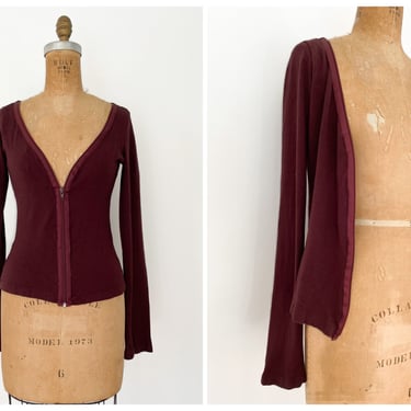 Vintage ‘90s Y2K Bershka zip up cardigan | burgundy with exposed zipper, rayon blend, slim cut, S 