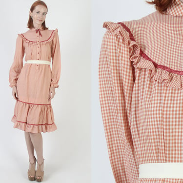 Orange & White Gingham Americana Dress, Plaid Ruffle Sleeve Chore Outfit, Vintage 70s Country Picnic Folk Tiered Sundress 