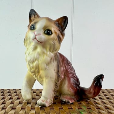 Vintage 1950s Cat Sculpture, black eyed kitten; brown, yellow & white long hair, Japan, collectible figurine, home decor, gift for cat lover 