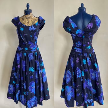 1980s does 1950s Laura Ashley Hues of Blue Illustrative Floral Fit and Flare Day Dress. S/M. By Copperhive Vintage. 