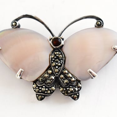 80's Art Deco pink Mother of Pearl garnet marcasite sterling butterfly brooch, MT 925 silver MOP pyrite insect pin 