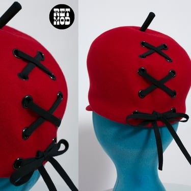 COLLECTORS' ITEM - Iconic Vintage 60s Red Mod Jockey Hat with Lace Up Back 