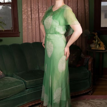 1930s Dress -  Vibrant Jade Green Vintage 30s Sheer Bias Cut Silk Chiffon Gown in Snowball Viburnum Floral Print 