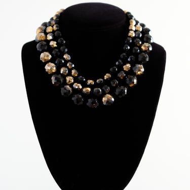 1960's Black & Gold Faceted Glass Beaded Statement Necklace / OS