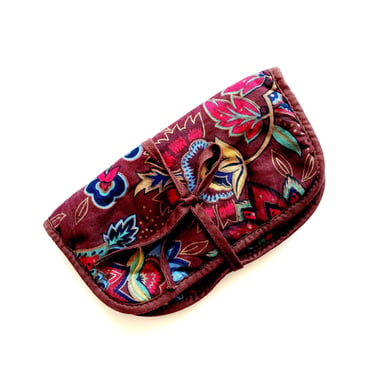 Vintage 80s 90s Jewelry Roll Dark Red Metallic Boho Floral Pouch Clutch // Accessories Organizer Makeup Travel Case 