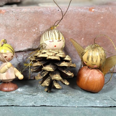 Vintage Angel Ornaments | Wooden & Seed Miniature Christmas Ornaments | Circa 1970s | Nature Ornaments | Bixley Shop 