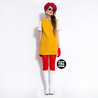 Iconic Mod Vintage 60s Mustard Yellow Micro Mini Space Age Dress 