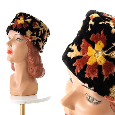 Vintage 1960s Pillbox Hat | 60s Floral Tapestry Velvet Carpet Black Hat 