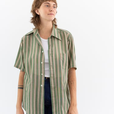 Vintage Green Yellow Stripe 70s Button up Short Sleeve Shirt | Unisex Cotton blend Work Tunic | S M | 