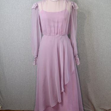 1970s Lavender Lace Evening Dress - Cocktail Dress - Formal, Black Tie - 70s Mockneck Prom Dress 