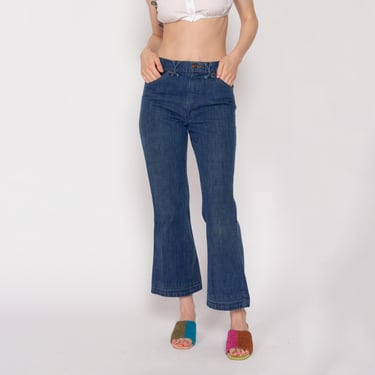 Petite Small 70s Mr Leggs Dark Wash Flared Jeans | Vintage Boho Criss Cross Pocket Denim Bell Bottoms 