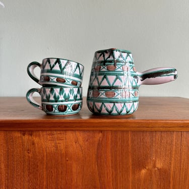 1950s Vallauris coffee set / Robert Picault signed ceramic cups and carafe / MCM French pottery 