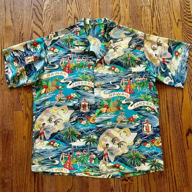 Beautiful 1950s Rayon Land Of Aloha  Print  Hawaiian Shirt  Shirt By Hale Of Hawaii Large 